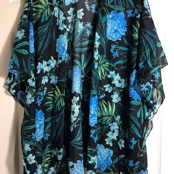 Old Navy Black Floral Sheer Kimono with Blue Blooms XS/L - Picture 2 of 5